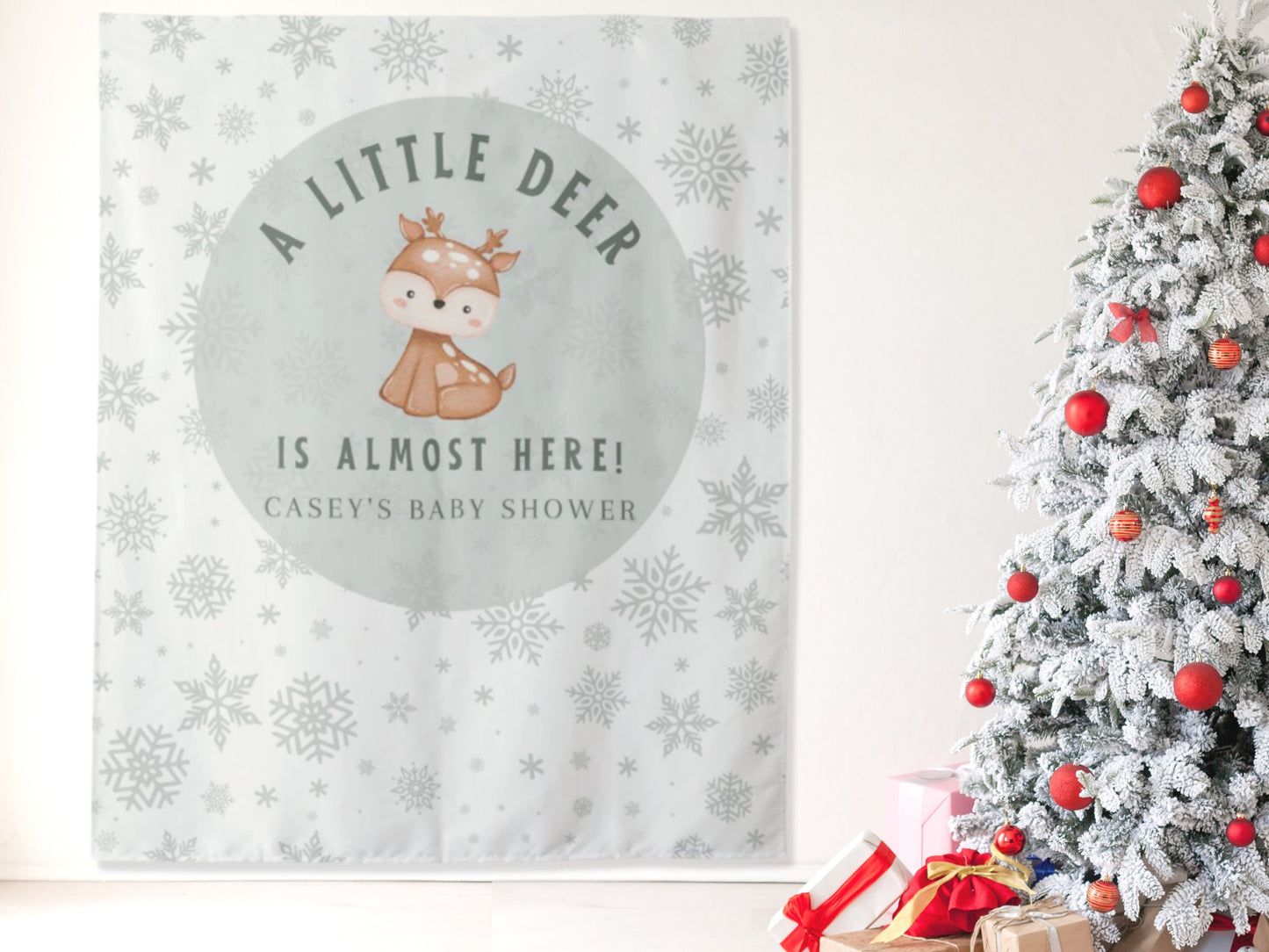 A Little Deer Is Almost Here Custom Baby Shower Backdrop | Winter Woodland Theme Baby Shower Décor