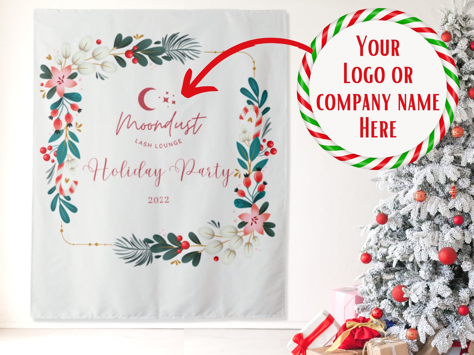 Festive Floral Custom Logo Holiday Party Backdrop | Christmas Party Décor