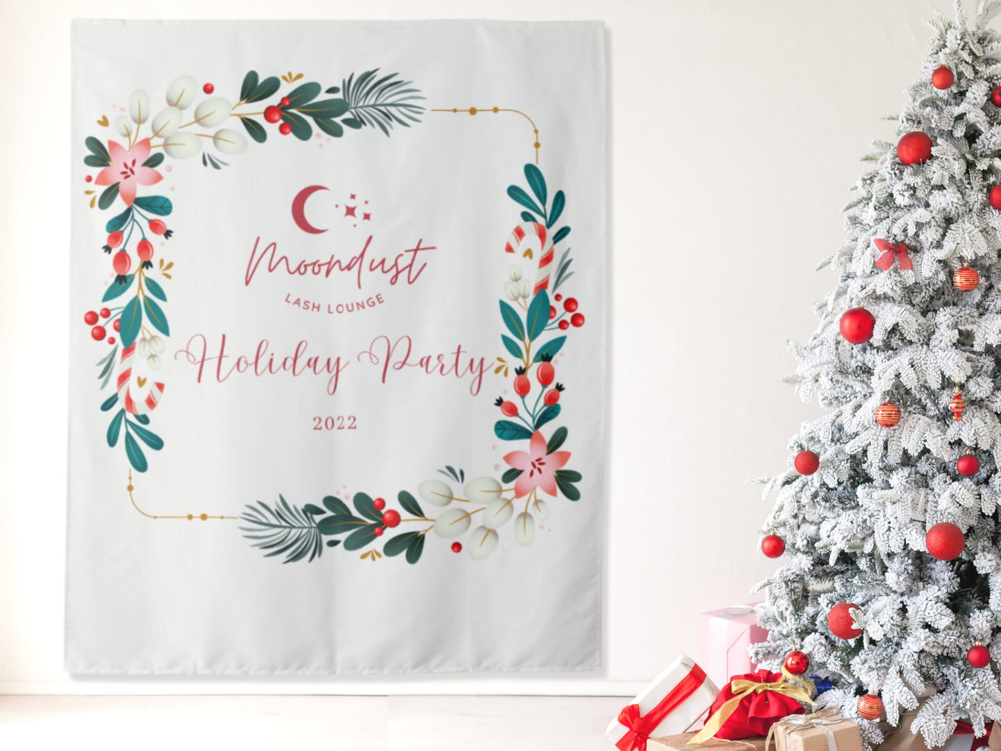 Festive Floral Custom Logo Holiday Party Backdrop | Christmas Party Décor