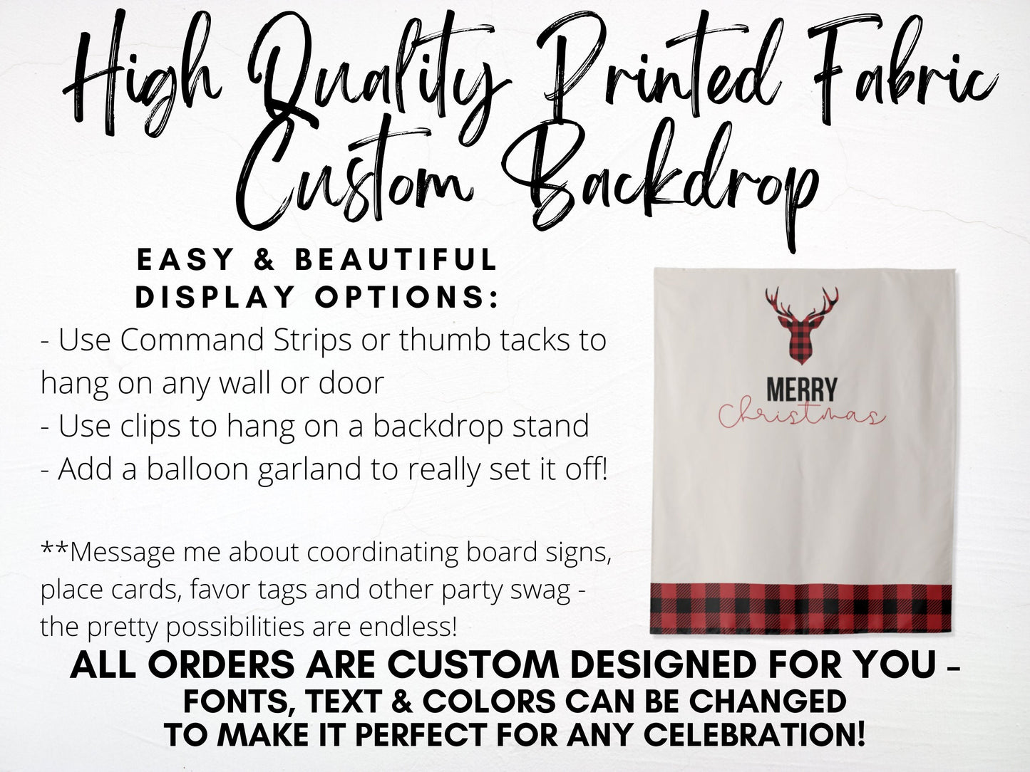 Custom Buffalo Check Deer Holiday Party Backdrop | Buffalo Check Christmas Tree Party Décor