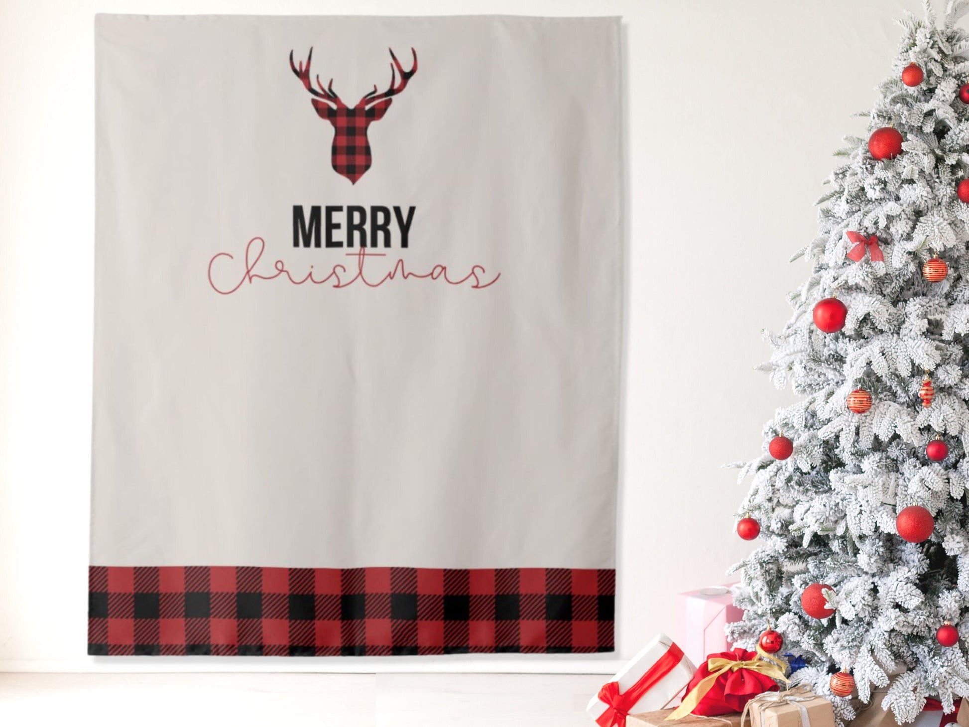 Custom Buffalo Check Deer Holiday Party Backdrop | Buffalo Check Christmas Tree Party Décor