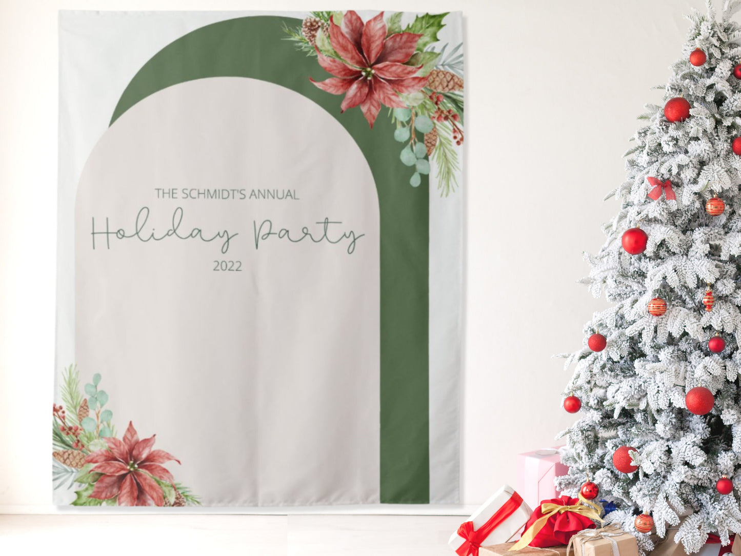 Floral Arch Holiday Party Backdrop | Boho Christmas Party Décor