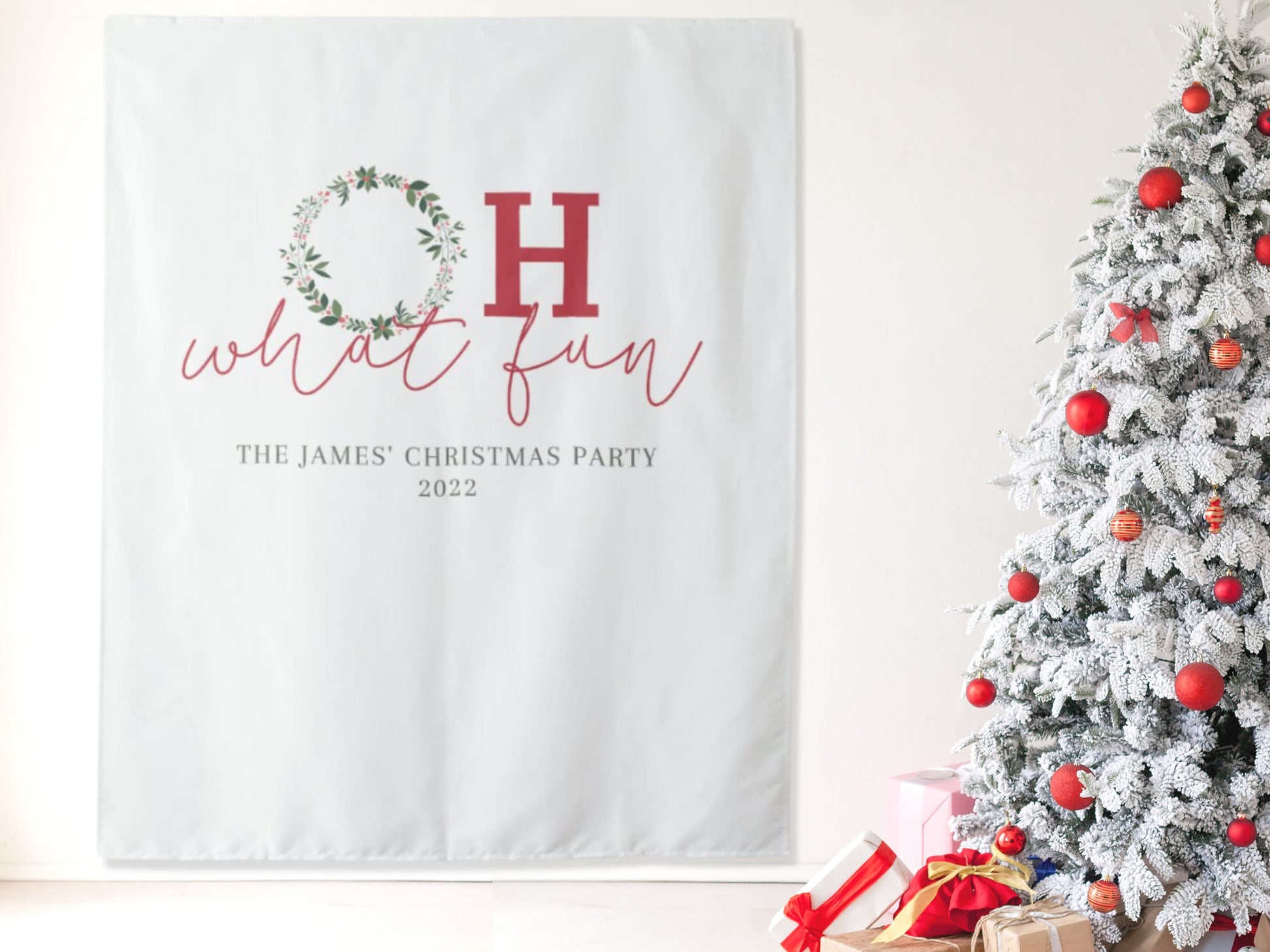 Oh What Fun Custom Holiday Party Backdrop | Christmas Wreath Party Décor