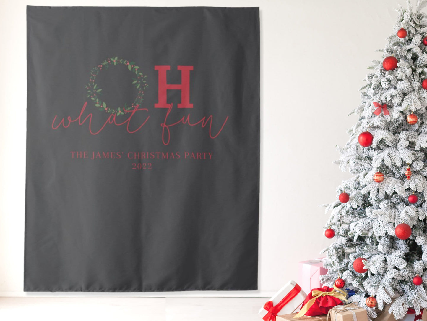 Oh What Fun Custom Holiday Party Backdrop | Christmas Wreath Party Décor