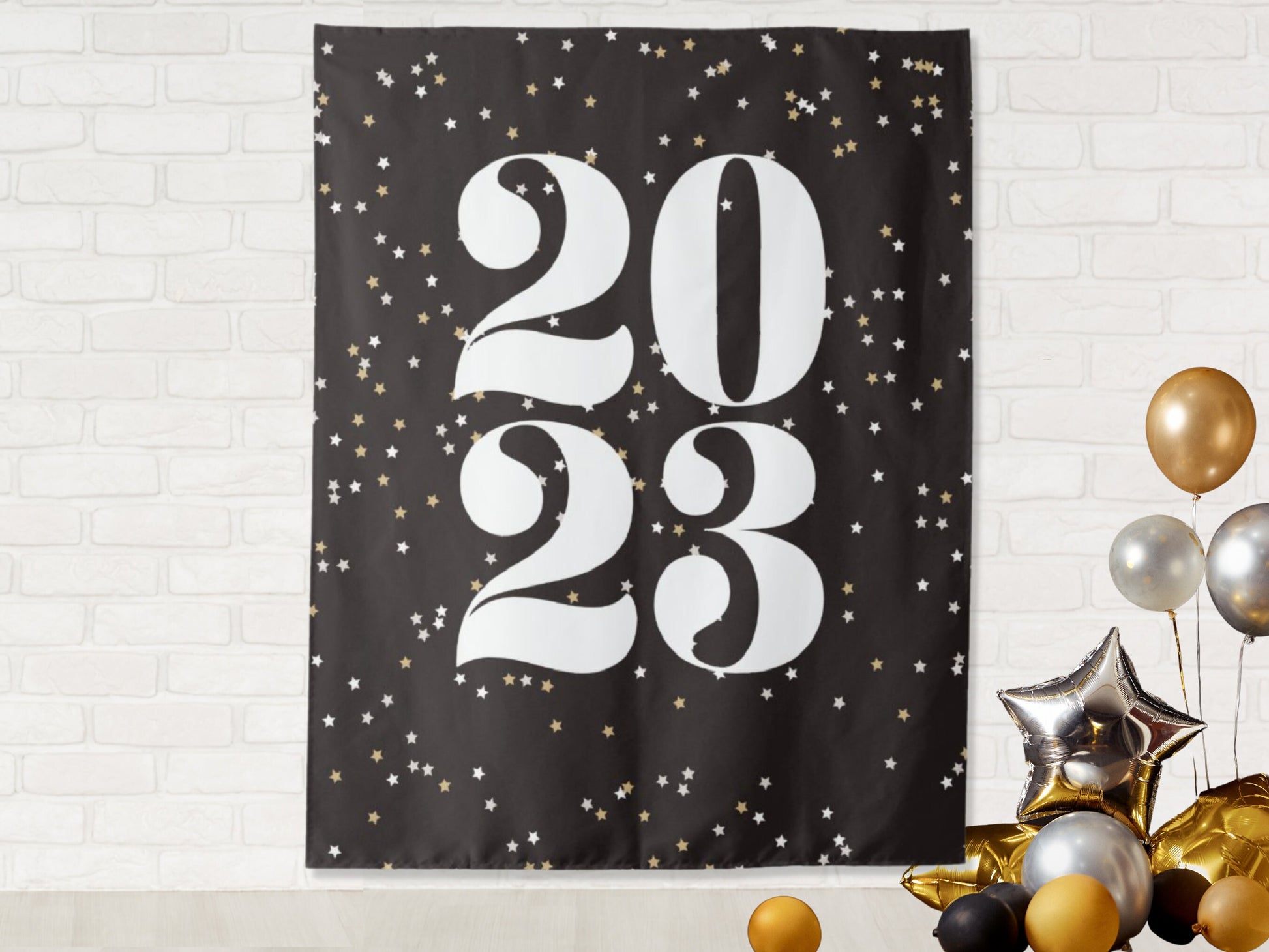 2023 Stars Confetti New Year's Party Backdrop | Black & Gold NYE Party Décor