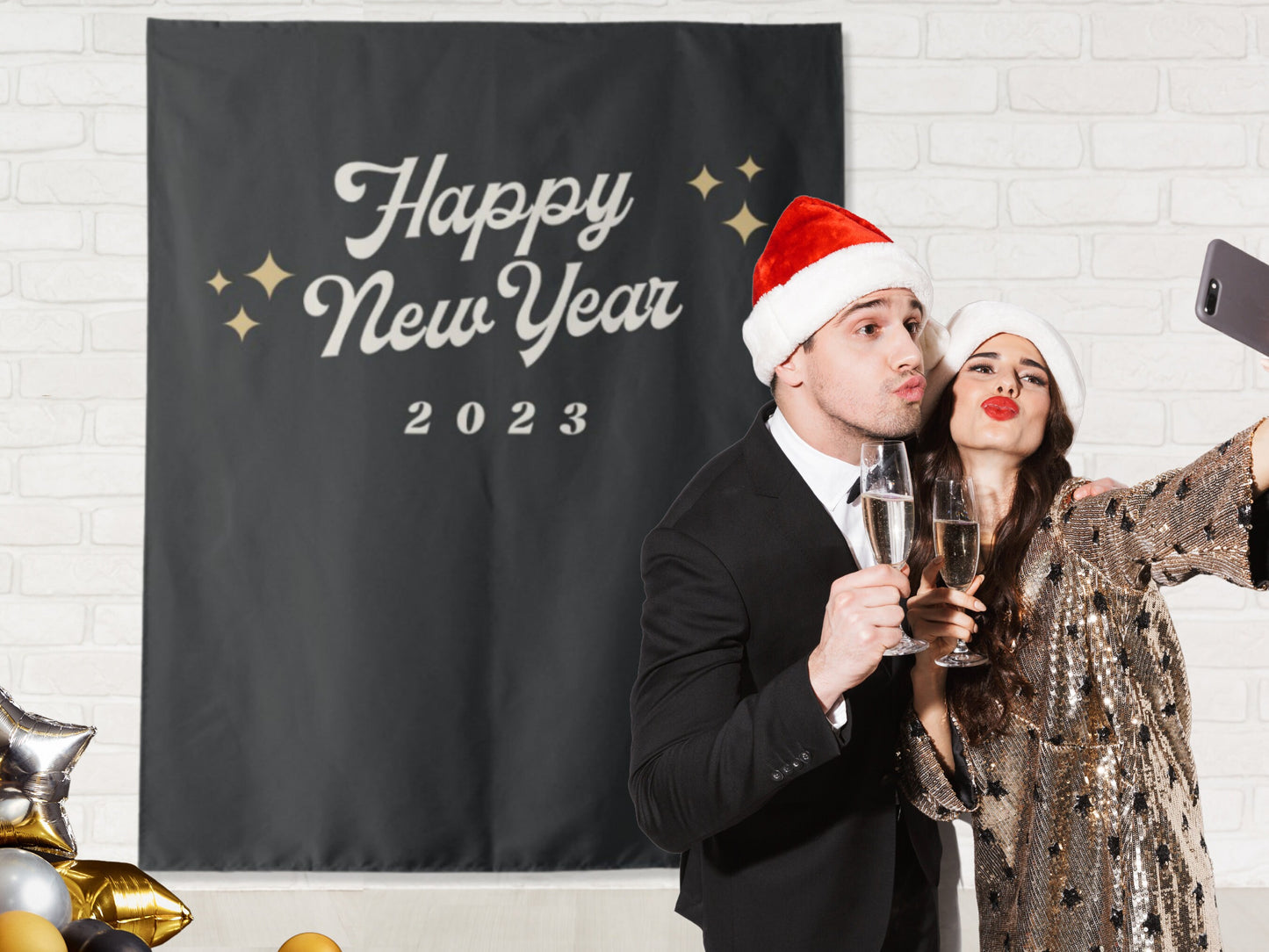 2023 Retro New Year's Party Backdrop | Gold Disco NYE Party Décor