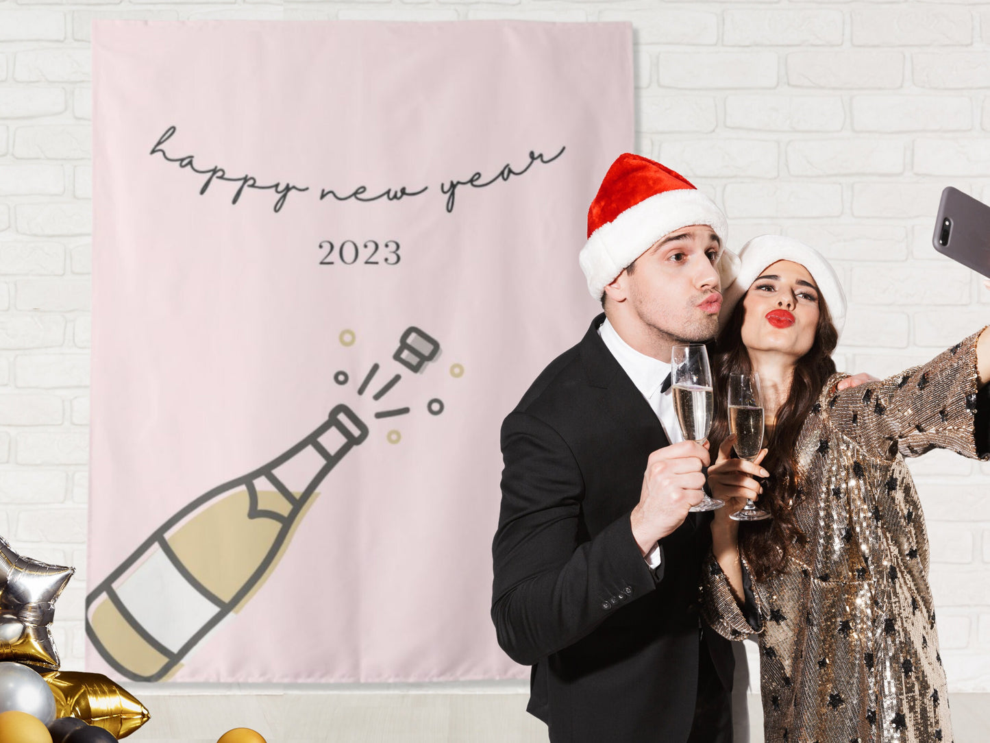 2023 Pop the Bubbly New Year's Party Backdrop | Happy New Year NYE Party Décor