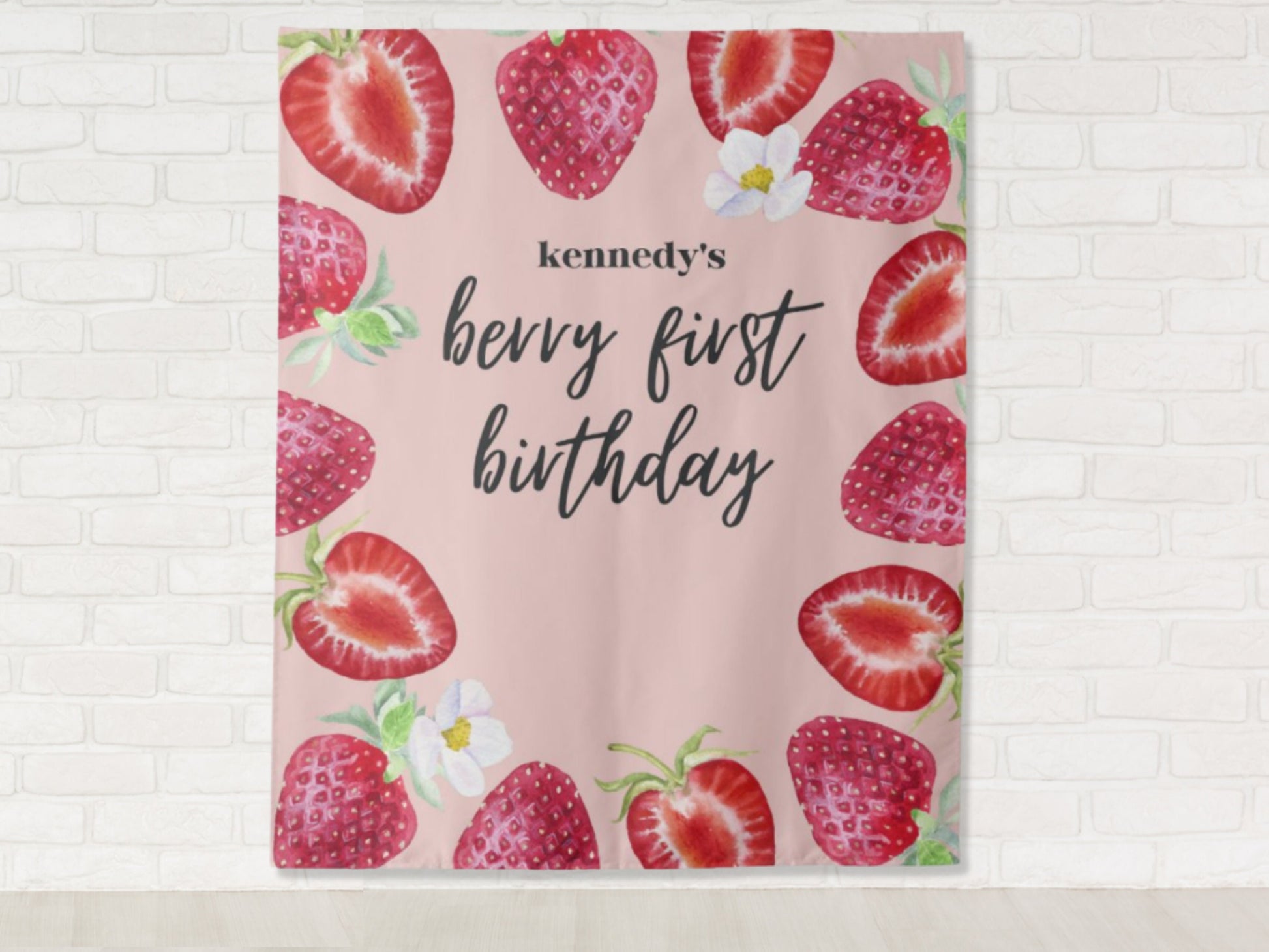 Berry First Birthday Custom Birthday Party Backdrop | Personalized Strawberry 1st Birthday Photo Booth