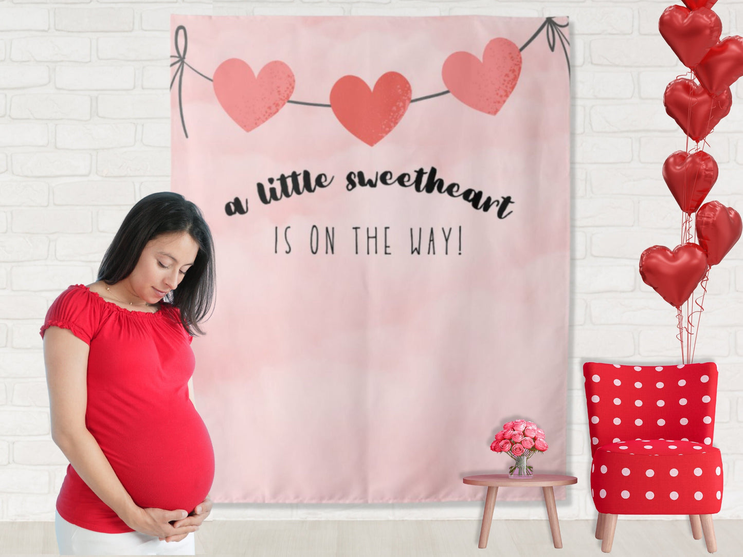 A Little Sweetheart Is On The Way Heart Garland Custom Birthday Backdrop | Personalized Valentine's Day Photo Booth