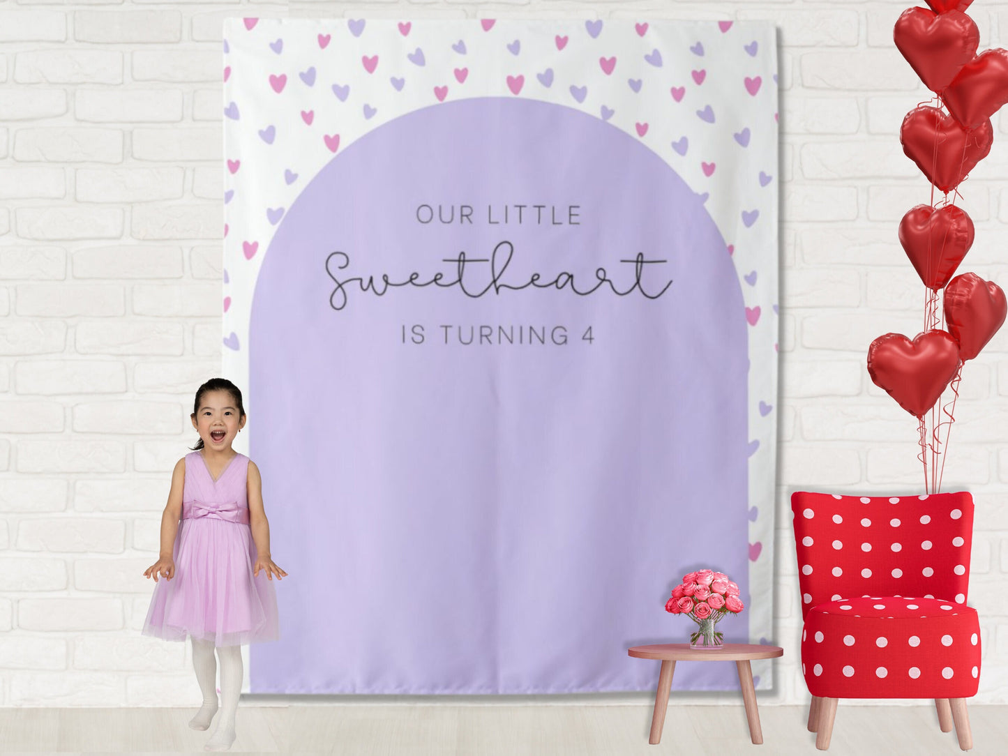 Our Little Sweetheart Arch and Hearts Custom Birthday Backdrop | Personalized Valentine's Day Photo Booth