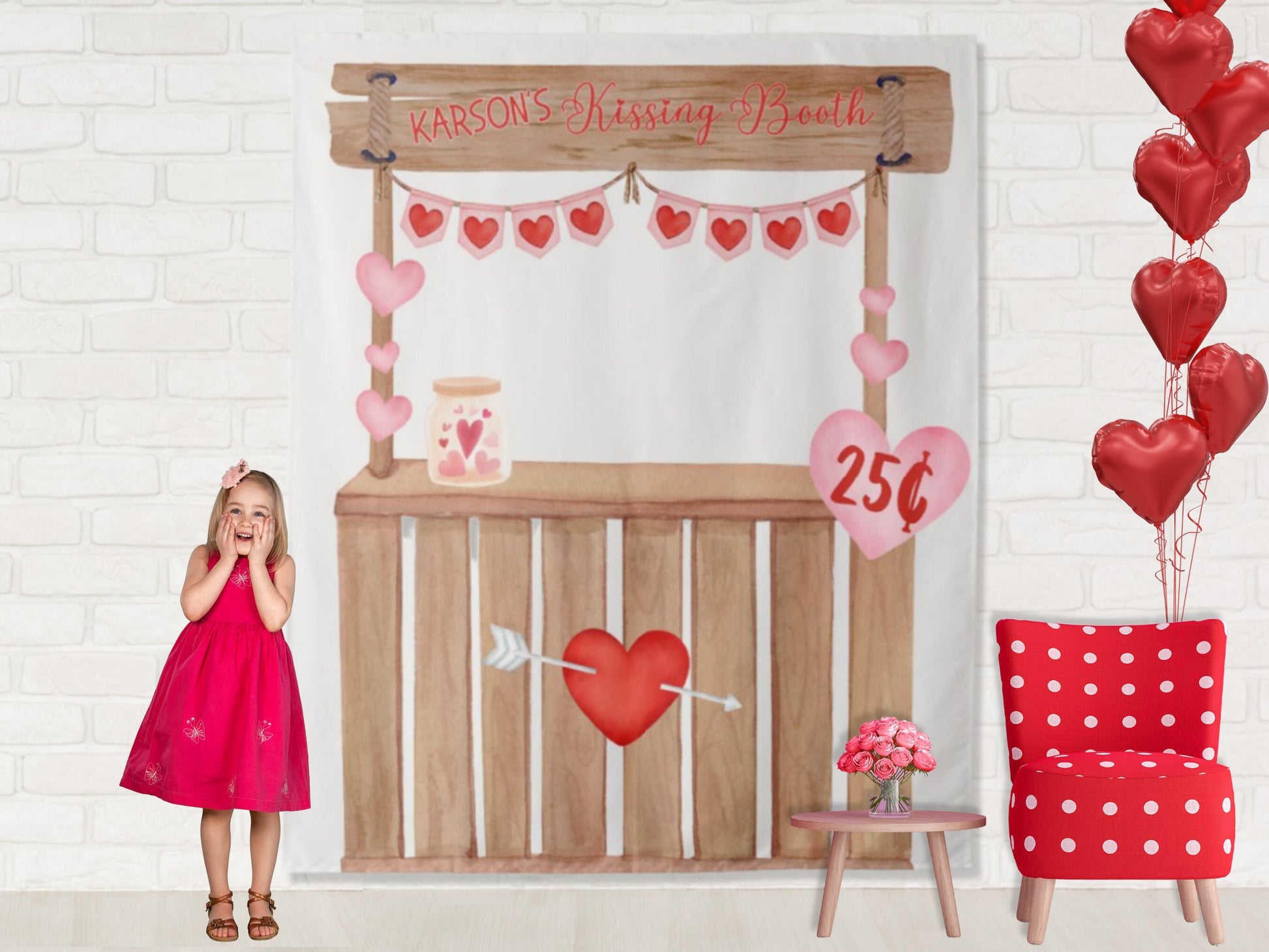 Valentine's Kissing Booth Custom Birthday Backdrop | Personalized Valentine's Party Day Photo Booth