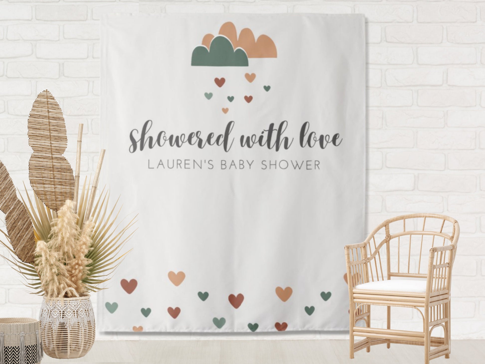 Boho Showered With Love Custom Baby Shower or Bridal Shower Backdrop | Personalized Valentine's Day Photo Booth