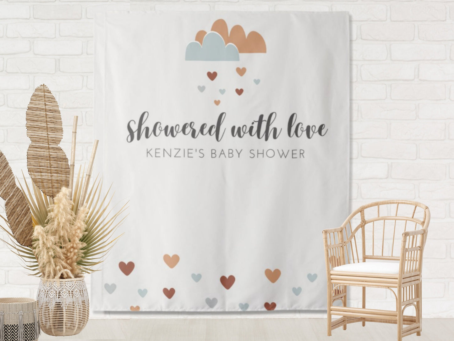 Boho Showered With Love Custom Baby Shower or Bridal Shower Backdrop | Personalized Valentine's Day Photo Booth