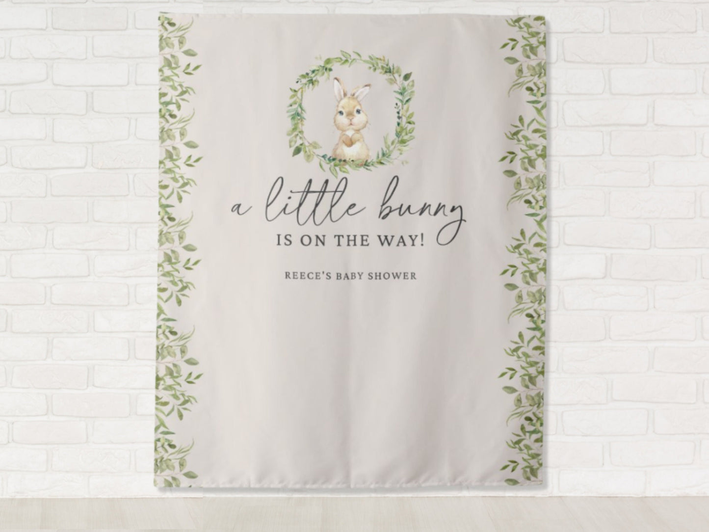 A Little Bunny is On The Way Spring Greenery Custom Shower Backdrop | Personalized Baby Boy or Gender Neutral Baby Shower Photo Booth