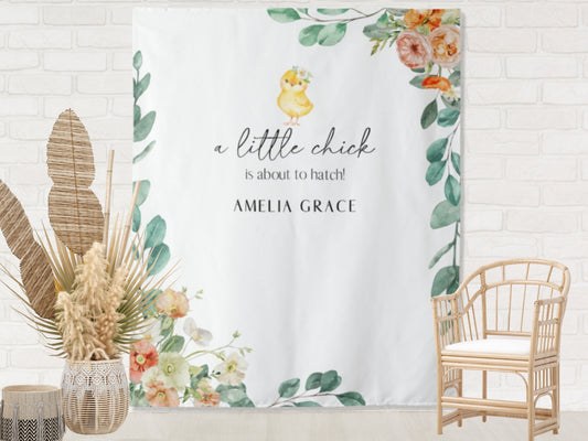 A Little Chick is About To Hatch Custom Baby Shower or Party Backdrop | Personalized Gender Neutral, Girl or Boy Baby Shower Photo Booth