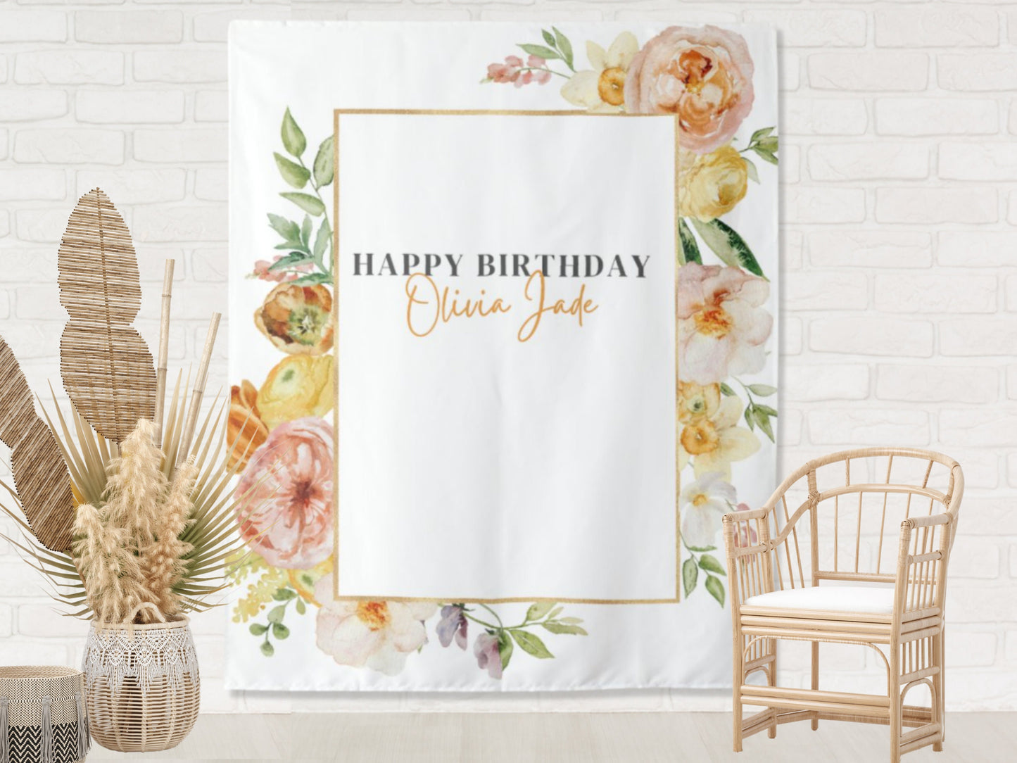 Floral Frame Custom Text Shower or Party Backdrop | Personalized Spring and Summer Floral Baby Shower, Bridal Shower, Birthday Photo Booth