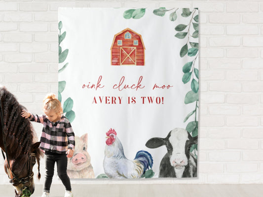 Farm Animal Custom Text Shower or Party Backdrop | Personalized Oink Cluck Moo Birthday Photo Booth