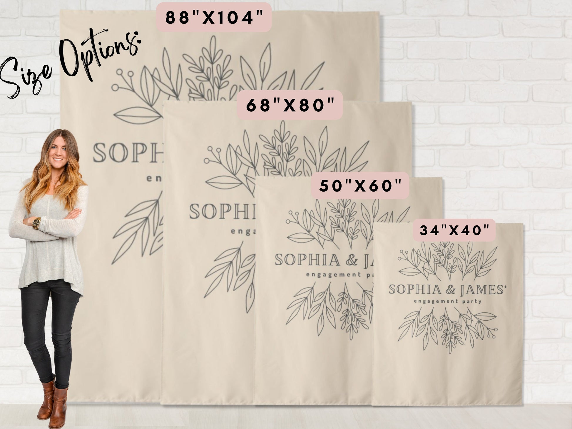 Simple Botanical Custom Text Shower or Party Backdrop | Personalized Baby Shower, Bridal Shower, Engagement, Birthday Photo Booth