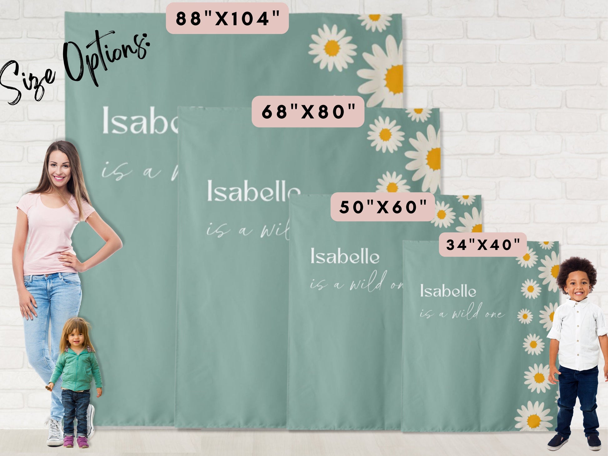 Retro Daisy Edge Custom Text Backdrop | Personalized Groovy Wild One Birthday, Baby Shower Bachelorette or Bridal Shower Photo Booth