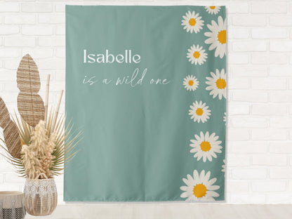 Retro Daisy Edge Custom Text Backdrop | Personalized Groovy Wild One Birthday, Baby Shower Bachelorette or Bridal Shower Photo Booth