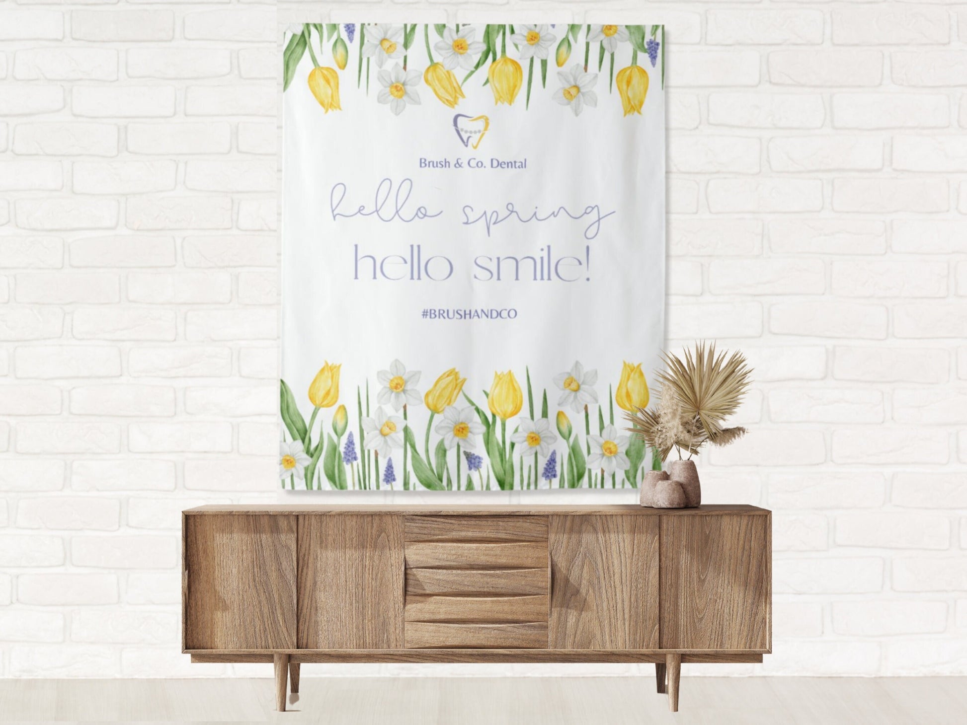 Hello Spring Smile Lavender Custom Logo Dentist Office Backdrop | Personalized Floral Branded Dental Waiting Room Photo Booth