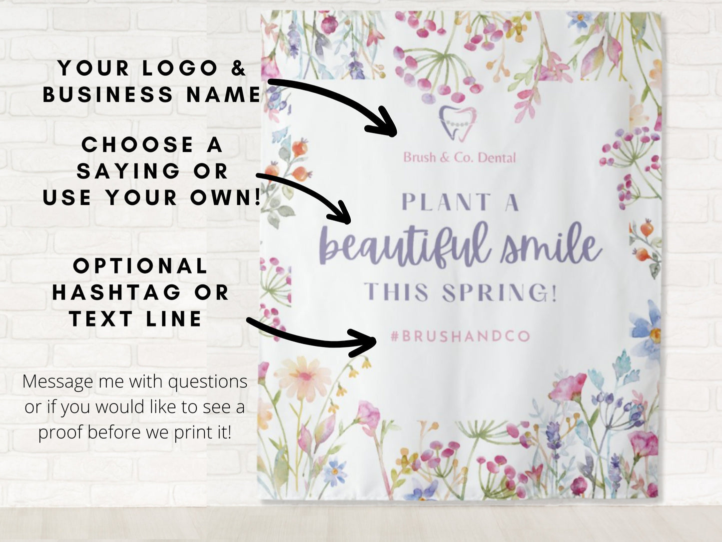 Blooming Floral Custom Logo Dentist Office Backdrop | Personalized Wildflower Branded Dental Waiting Room Photo Booth