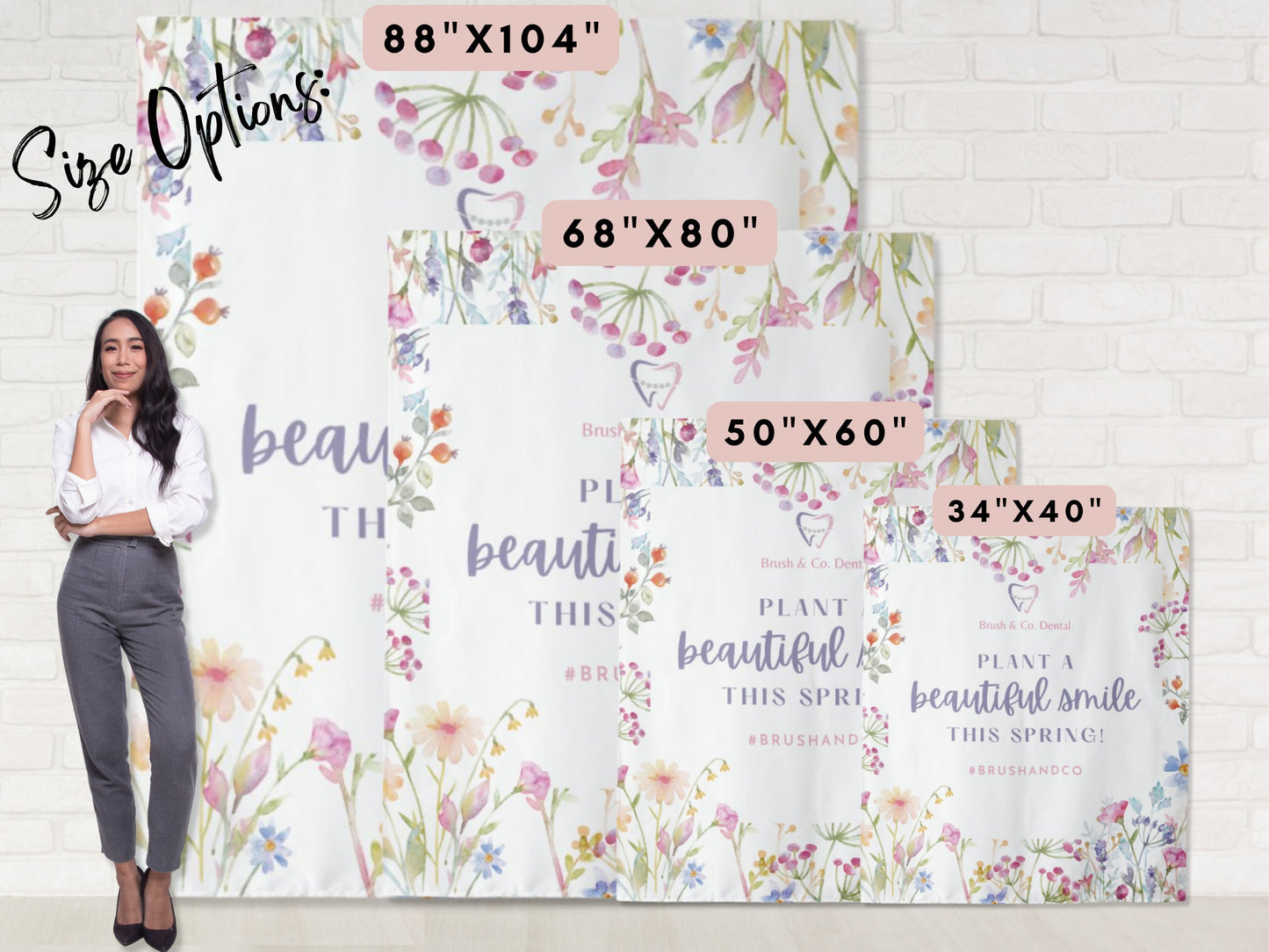 Blooming Floral Custom Logo Dentist Office Backdrop | Personalized Wildflower Branded Dental Waiting Room Photo Booth