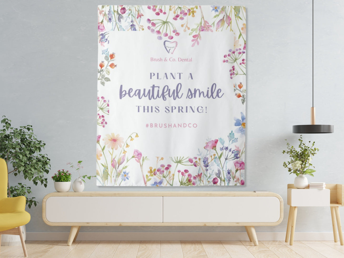 Blooming Floral Custom Logo Dentist Office Backdrop | Personalized Wildflower Branded Dental Waiting Room Photo Booth