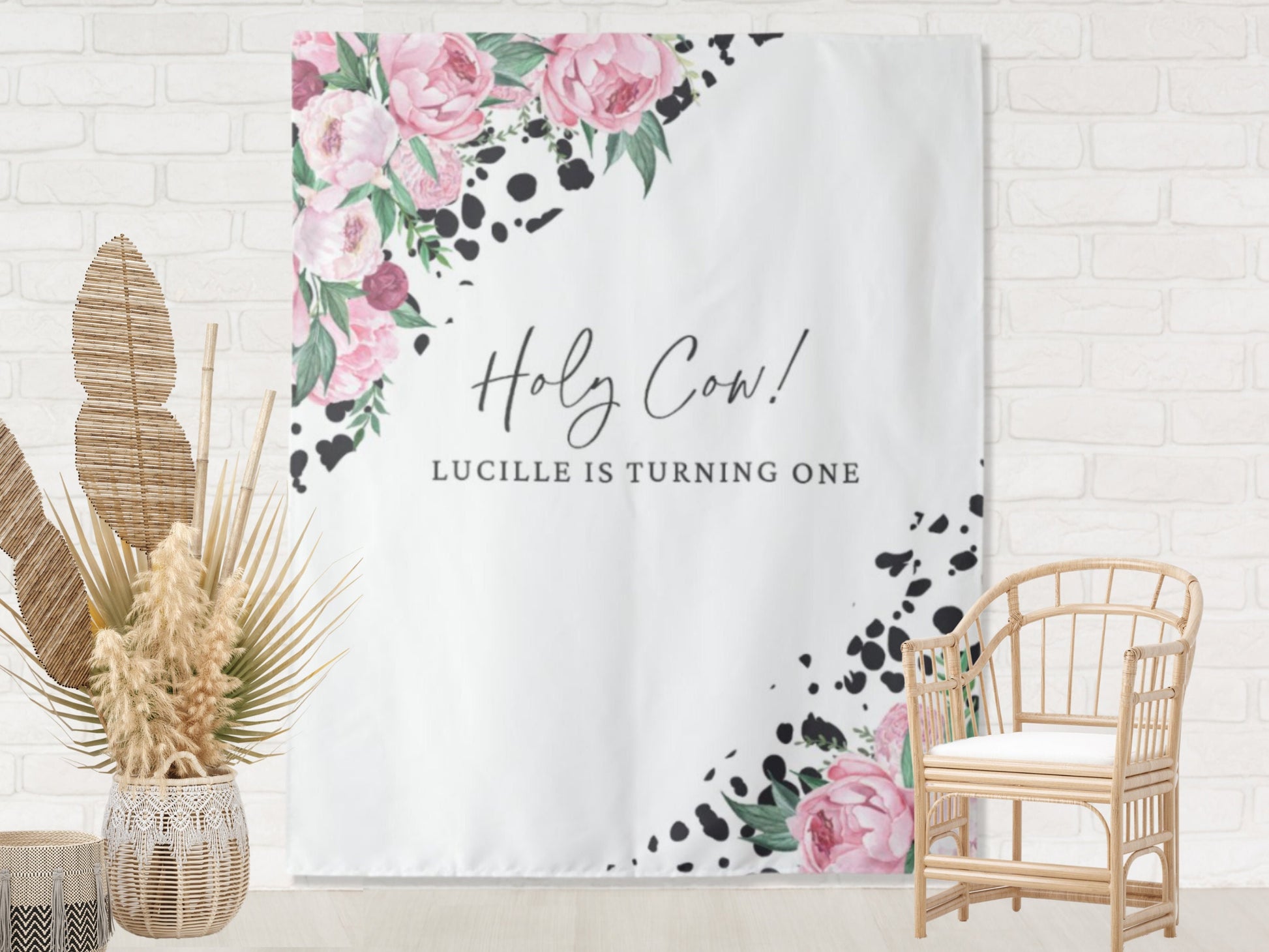 Holy Cow! Custom Text Shower or Party Backdrop | Personalized Cow Print and Floral Baby Shower, Bridal Shower, Birthday Photo Booth