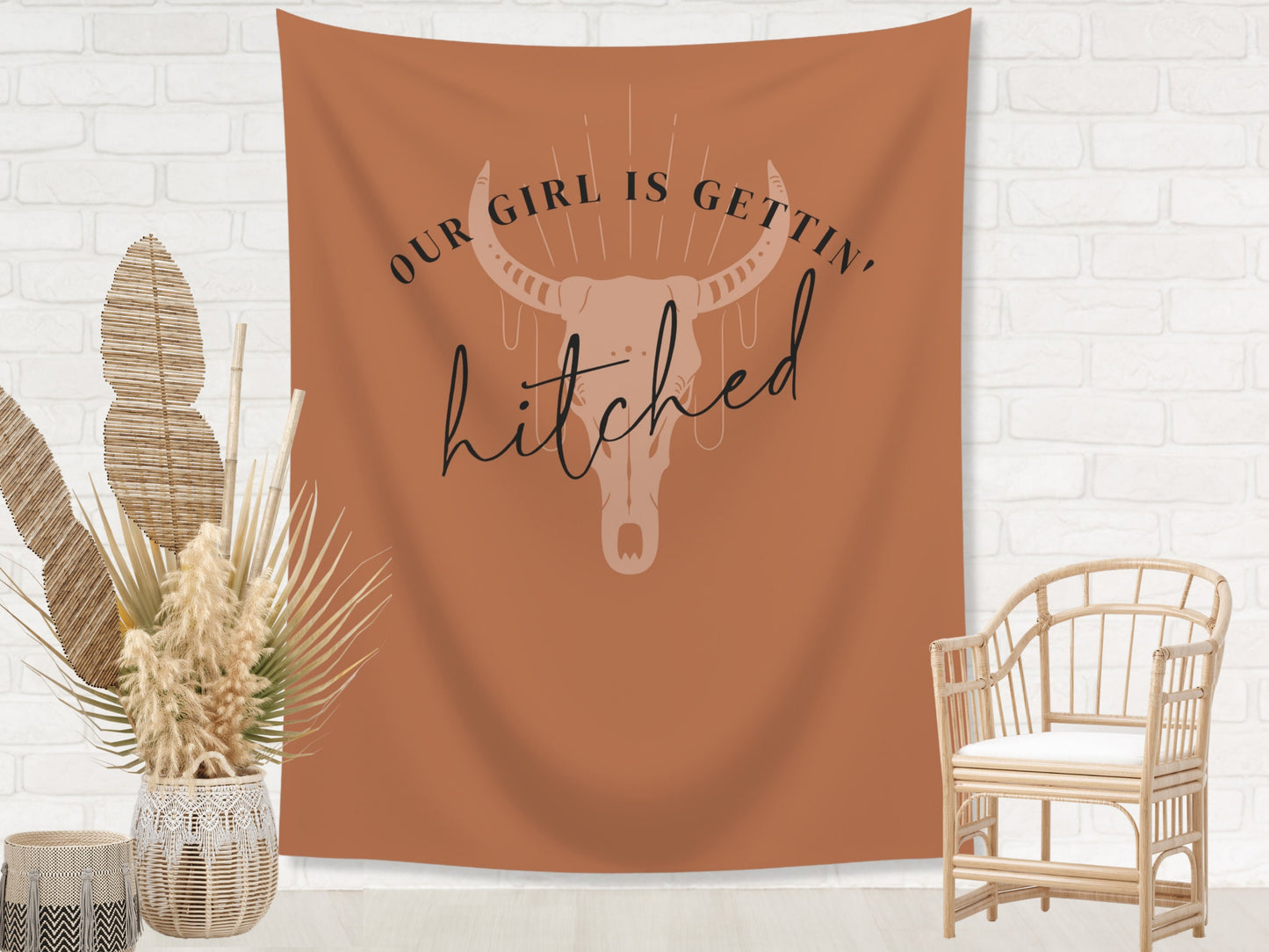 Boho Gettin' Hitched Bachelorette Weekend Custom Text Backdrop | Bull Skull Nashville Bachelorette Party Personalized Banner