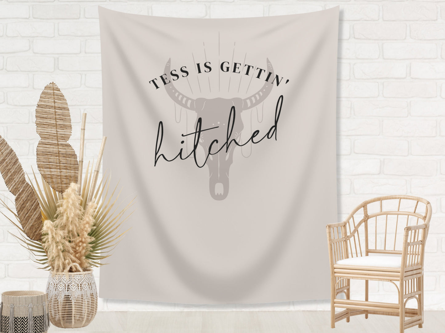 Boho Gettin' Hitched Bachelorette Weekend Custom Text Backdrop | Bull Skull Nashville Bachelorette Party Personalized Banner