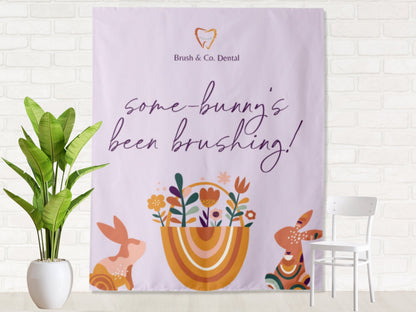 Some Bunny Has Been Brushing Custom Logo Dentist Office Backdrop | Personalized Branded Dental Waiting Room Photo Booth