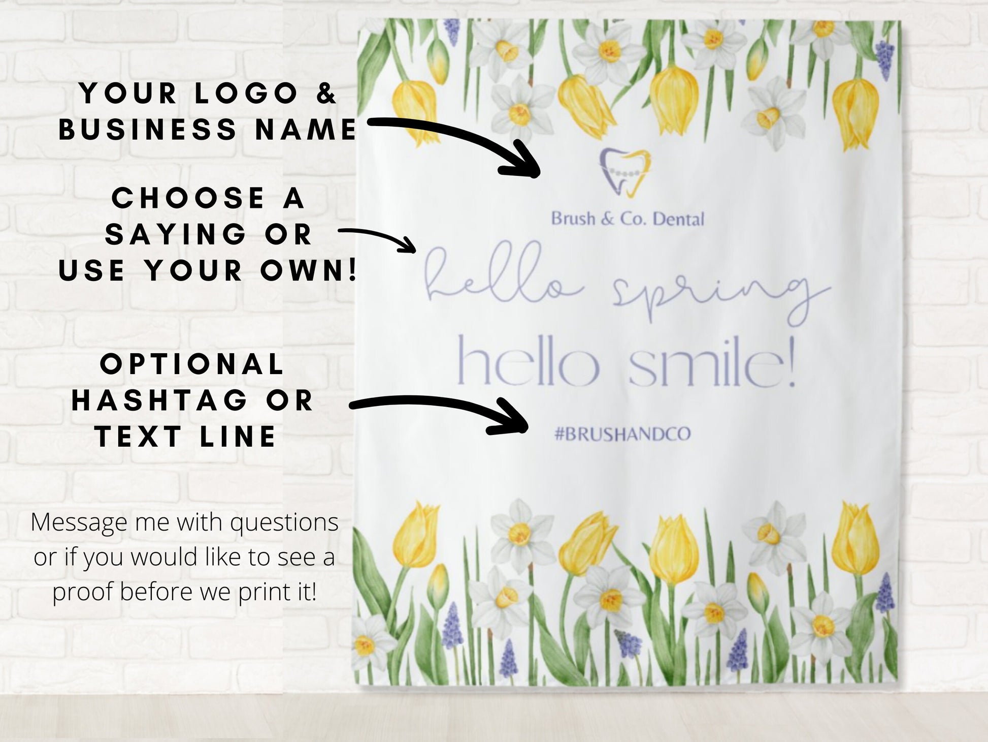 Hello Spring Smile Lavender Custom Logo Dentist Office Backdrop | Personalized Floral Branded Dental Waiting Room Photo Booth