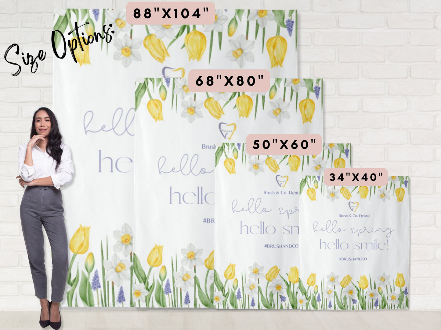 Hello Spring Smile Lavender Custom Logo Dentist Office Backdrop | Personalized Floral Branded Dental Waiting Room Photo Booth