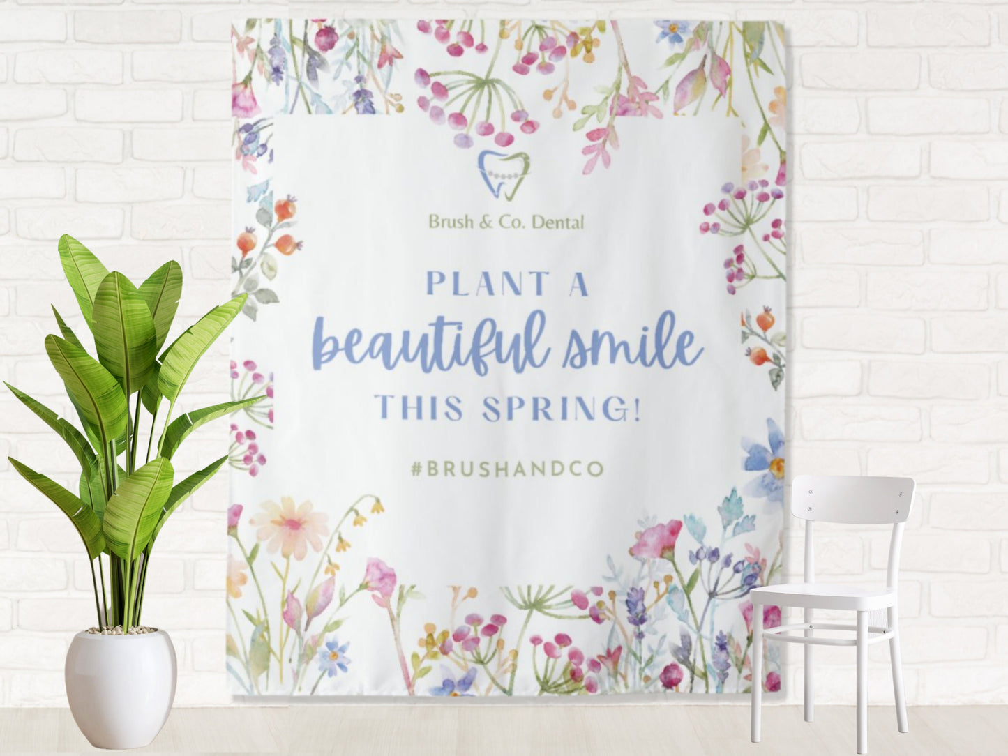 Blooming Floral Custom Logo Dentist Office Backdrop | Personalized Wildflower Branded Dental Waiting Room Photo Booth