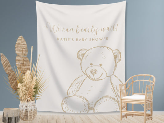 Teddy Bear Personalized Baby Shower Backdrop | We Can Bearly Wait Custom Party Backdrop