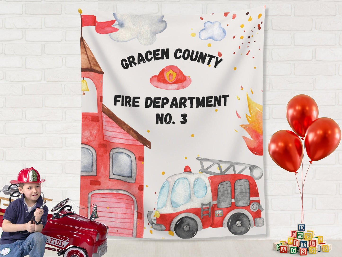 Custom Fire Station Birthday Backdrop | Personalized Fire Truck Banner