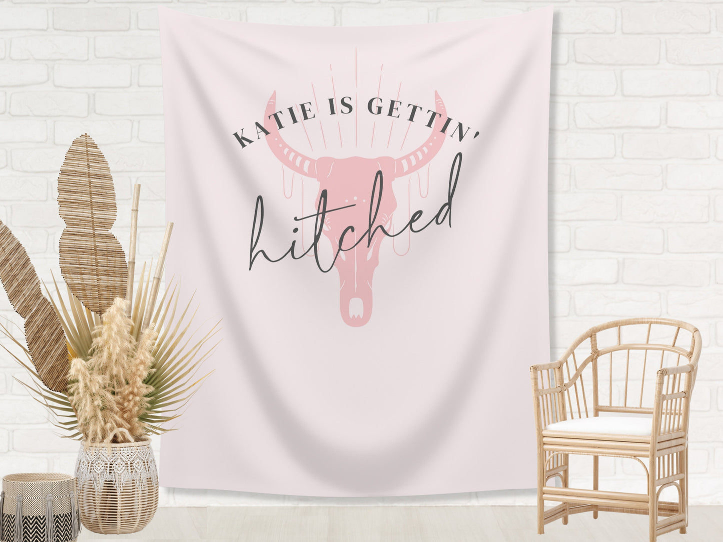 Boho Gettin' Hitched Bachelorette Weekend Custom Text Backdrop | Bull Skull Nashville Bachelorette Party Personalized Banner