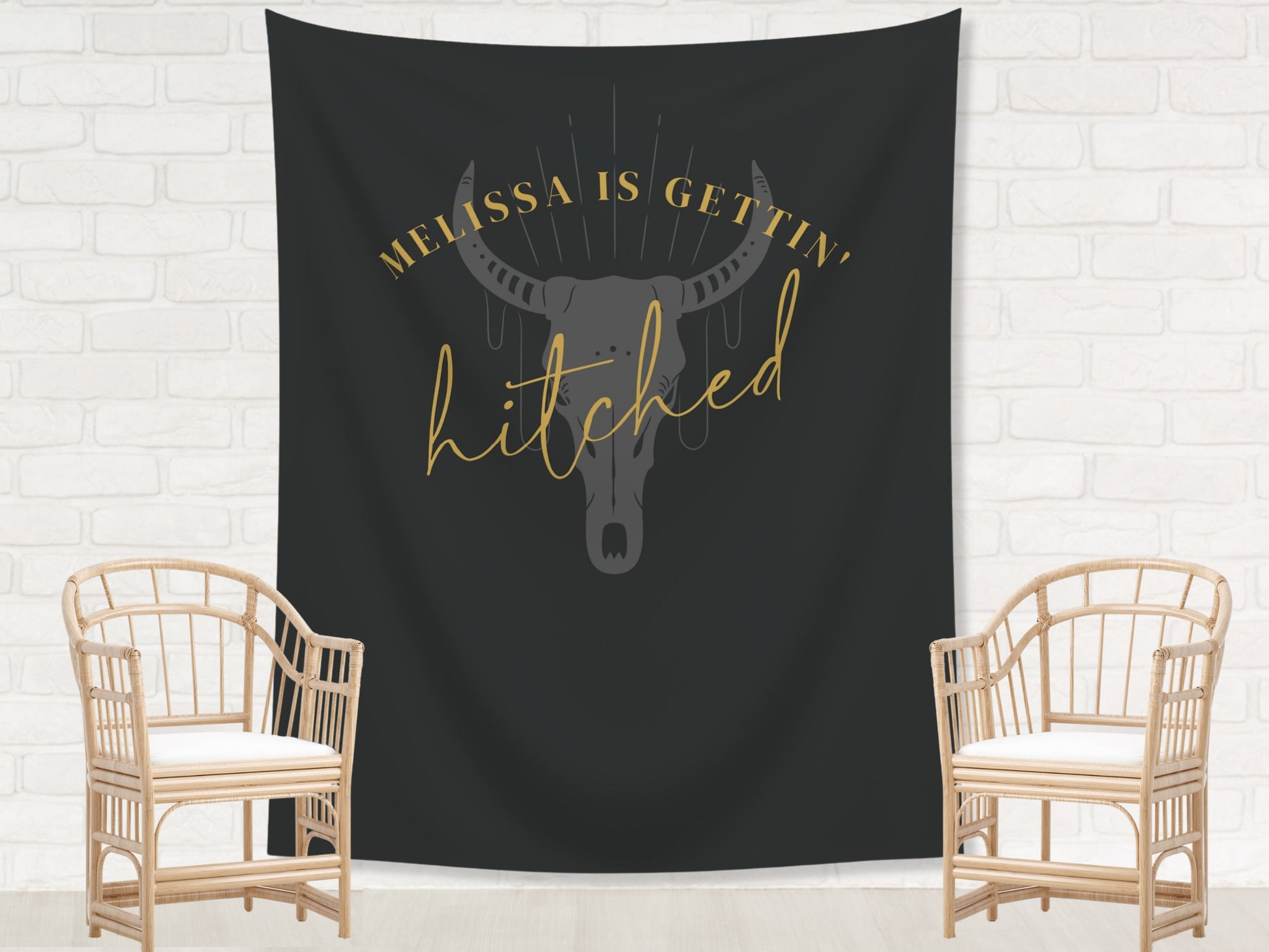 Boho Gettin' Hitched Bachelorette Weekend Custom Text Backdrop | Bull Skull Nashville Bachelorette Party Personalized Banner