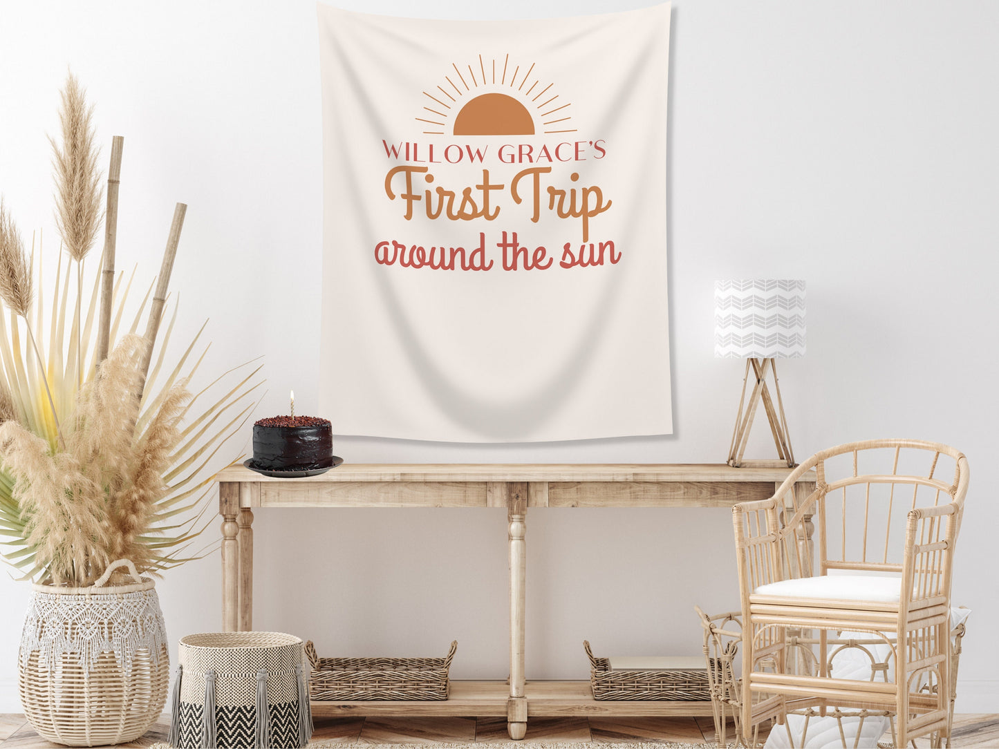 Boho Orange First Trip Around the Sun Personalized 1st Birthday Party Backdrop | Retro Sunshine Custom Party Banner