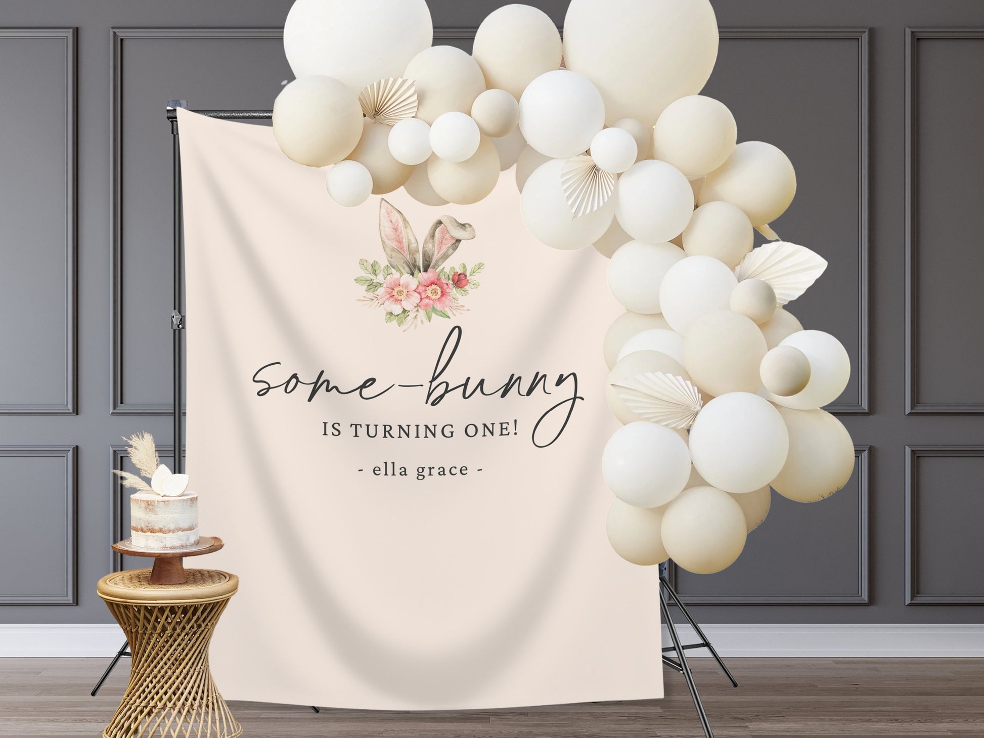 Some Bunny is Turning One Custom Bunny Ears Shower Backdrop | Personalized Easter Spring 1st, 2nd or 3rd Birthday Party Banner