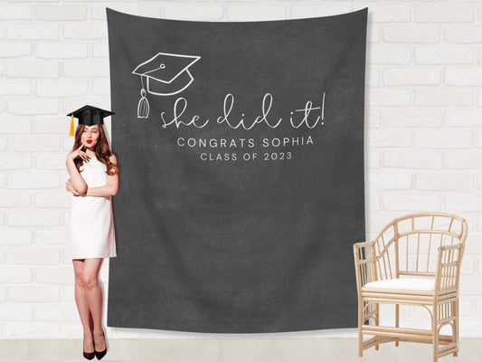 She Did It Custom Text Graduation Backdrop | He Did It Personalized School Colors Banner