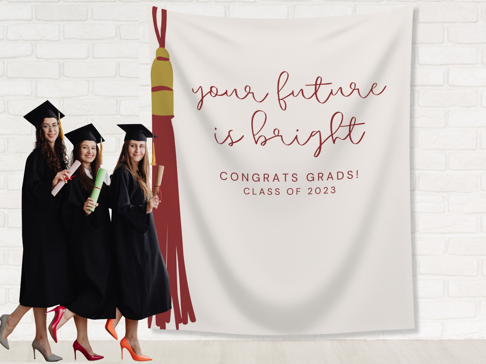 Your Future Is Bright Custom Text Graduation Party Backdrop | Personalized School Colors Tassel Banner