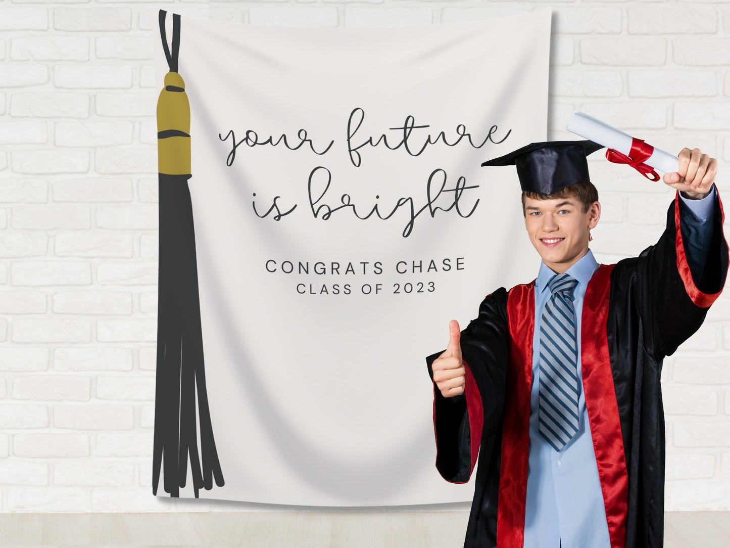 Your Future Is Bright Custom Text Graduation Party Backdrop | Personalized School Colors Tassel Banner