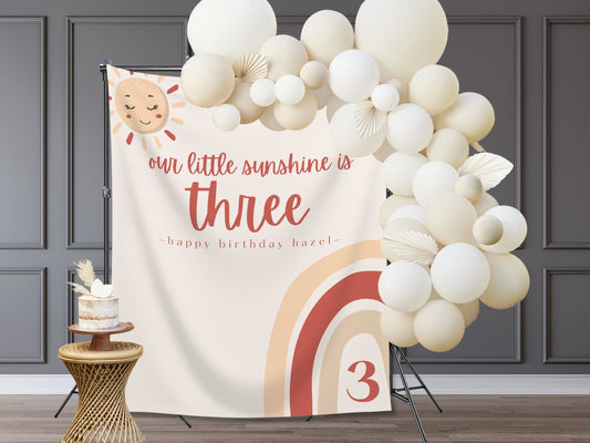 Boho Rainbow Our Little Sunshine Custom Age Banner | Boho Sun Personalized 1st, 2nd or 3rd Birthday Backdrop