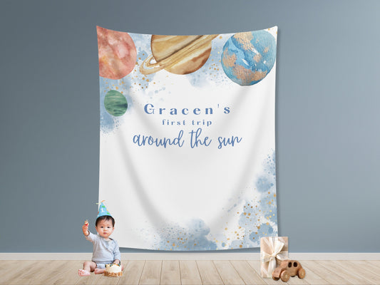 First Trip Around the Sun Personalized 1st Birthday Party Backdrop | Minimal Modern Space Planet Custom Party Banner