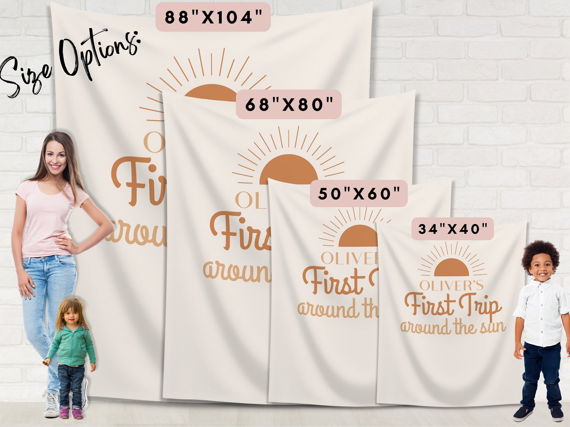 Boho Orange First Trip Around the Sun Personalized 1st Birthday Party Backdrop | Retro Sunshine Custom Party Banner