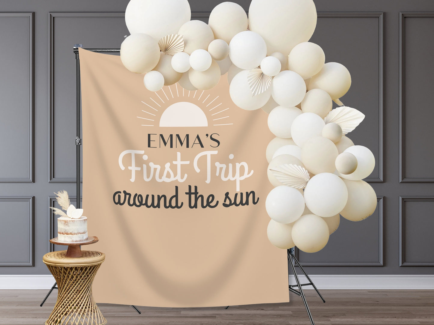 Boho Orange First Trip Around the Sun Personalized 1st Birthday Party Backdrop | Retro Sunshine Custom Party Banner