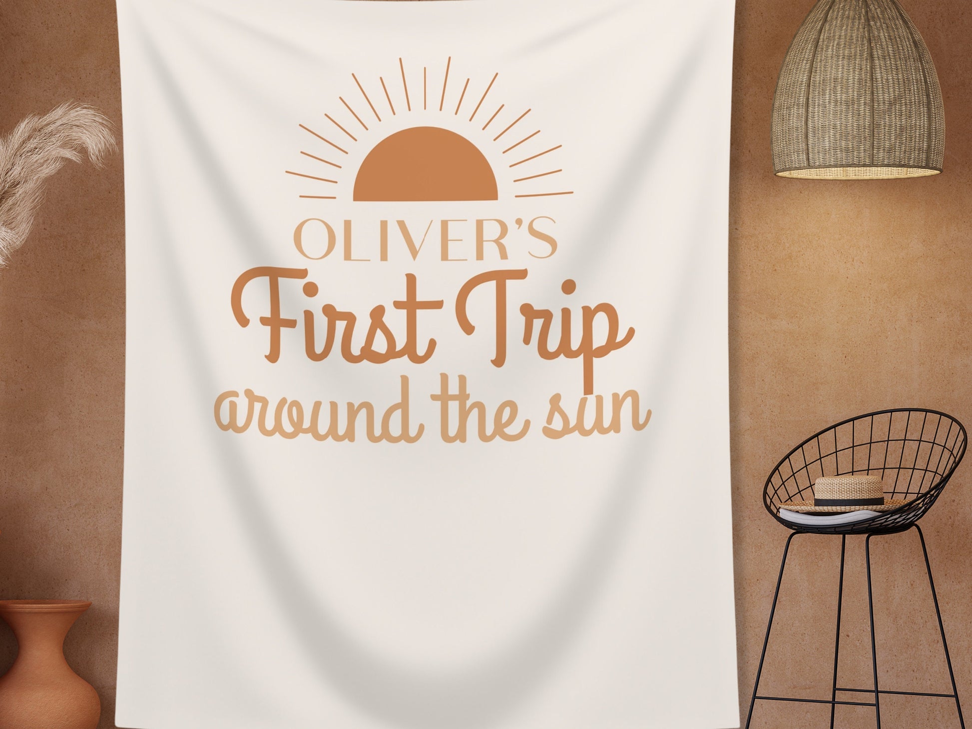 Boho Orange First Trip Around the Sun Personalized 1st Birthday Party Backdrop | Retro Sunshine Custom Party Banner