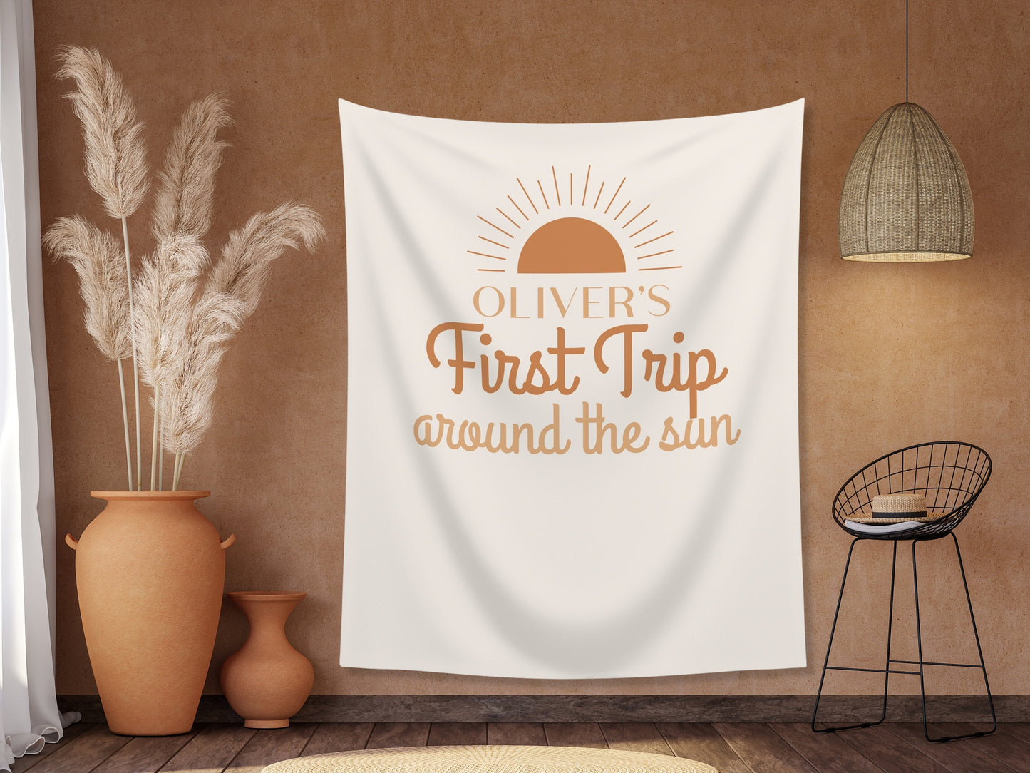 Boho Orange First Trip Around the Sun Personalized 1st Birthday Party Backdrop | Retro Sunshine Custom Party Banner